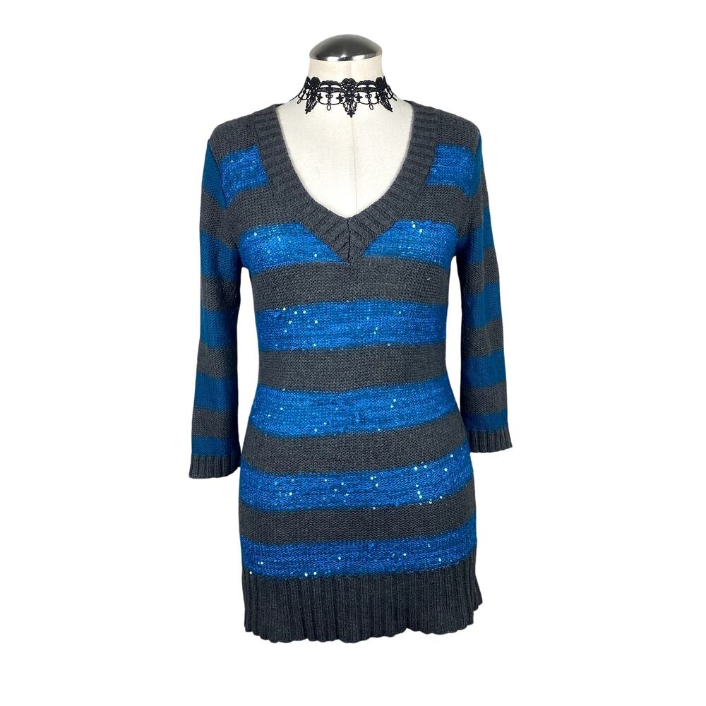 Oh MG! Sequin Blue V Neck Stripe Sweater Dress‎ 3/4 Sleeve Grunge Emo Alt Sz Lg